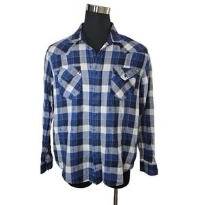 Frye‎ XL Blue Plaid Flannel Western Shirt Menswear Long Sleeve Button Up